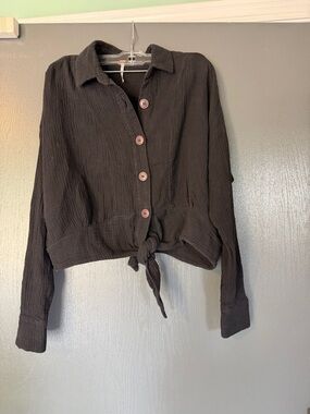 Free People Black Button-Front Tie Hem Shirt